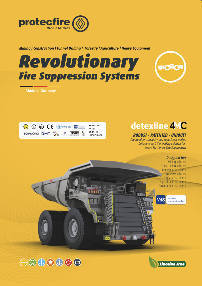 automatic Fire suppression systems for mining construction and heavy machinery. detexline 4MC from protecfire